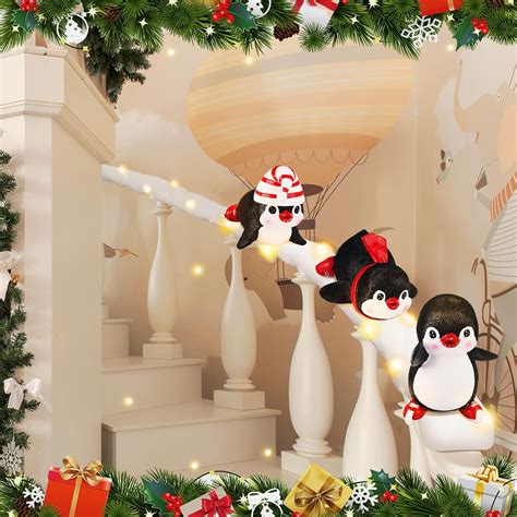 Liliful Set of 3 Christmas Stairway Decoration Resin Holiday Decor Sliding Winter in Snow Carpet with LED Lights and 20 Ribbons for Handrail Decoration Banister Stairway Gift(Penguin)