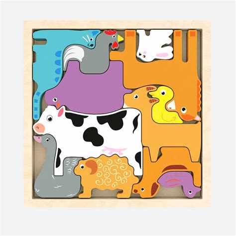 Domestic Animal Puzzle - Wooden Square Tray with Animal Blocks – Erenjoy