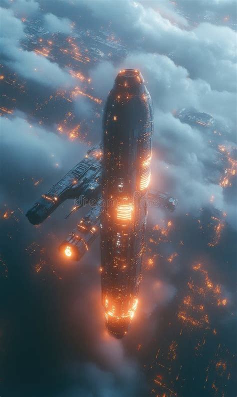 Spaceship Ascending through Illuminated Clouds in a Futuristic ...