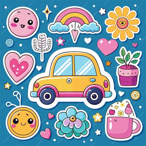 Cute car flowers and smiley faces stickers | Premium AI-generated vector