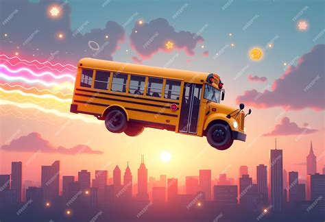 Flying School Bus Over City Skyline with Magical Sunset | Premium AI ...
