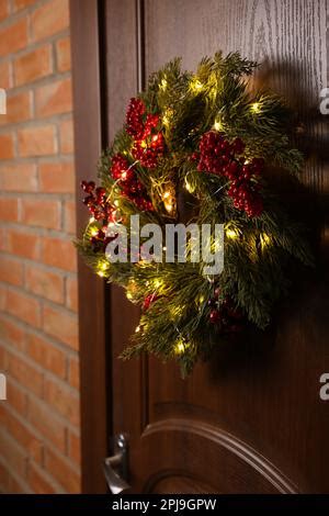 Fairy Lights Hanging On A Wooden Cabin Stock Photo Alamy