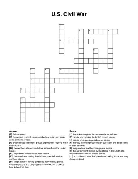 U S Civil War Crossword Puzzle