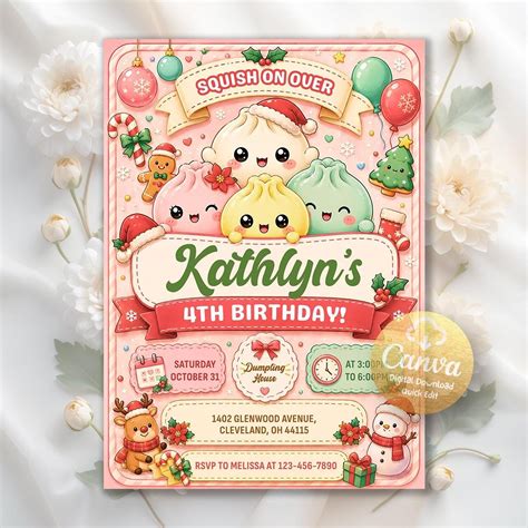 Christmas Dumpling Squishy Birthday Invitation, Cute Kawaii Kids ...