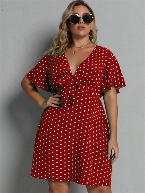 SHEIN Holidaya Plus Polka Dot Tie Front Dress For New Year Clothes