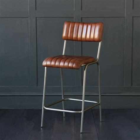 Diner Bar Stool Brown Real Leather Seat Nickel Metal Frame 66cm