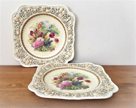 Antique China Crown Ducal Florentine Luncheon Square Plates Etsy 日本