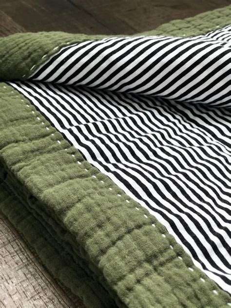 Olive Green Wblack And White Stripes Modern Handmade Muslin Cotton