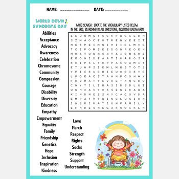 WORLD DOWN SYNDROME DAY Word Search Puzzle Worksheet Activity By