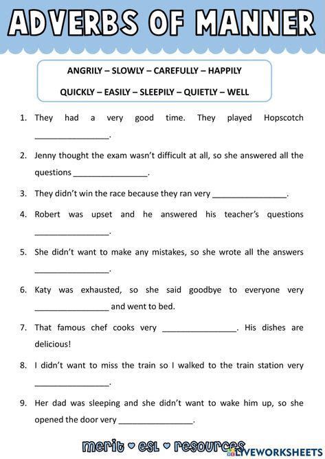 Vocabulary Adverbs Of Manner Worksheet Adverbs Manners English