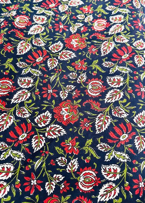 Buy Black Small Floral Kalamkari Hand Block Print Cotton Fabric For