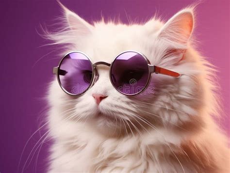 Portrait Of A White Fluffy Cat Wearing Round Sunglasses Luxurious