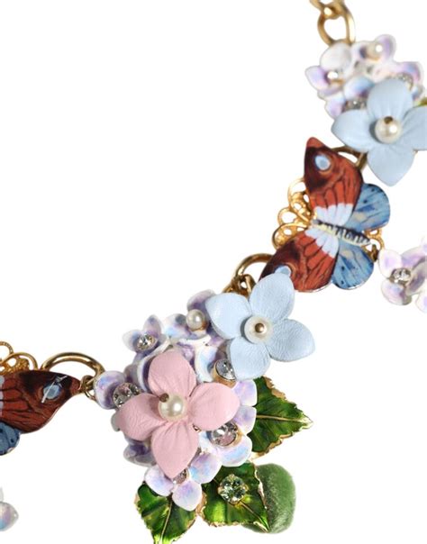 Dolce Gabbana Multicolor Floral Decor Crystal Gold Brass Chain Women