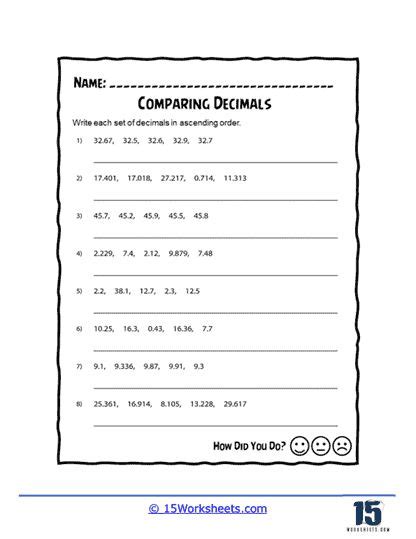 Ascending Decimal Order Worksheet 15 Worksheets