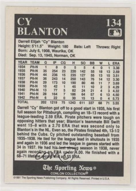 1991 The Sporting News Conlon Collection Cy Blanton 134 EBay