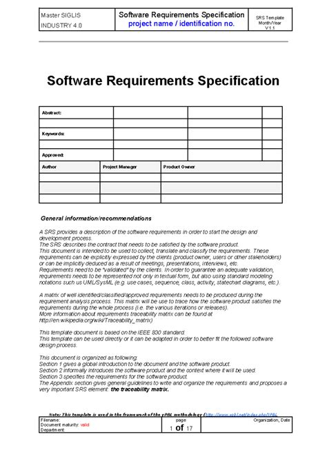 Srs Template Srs Document Industry Project Name Identification