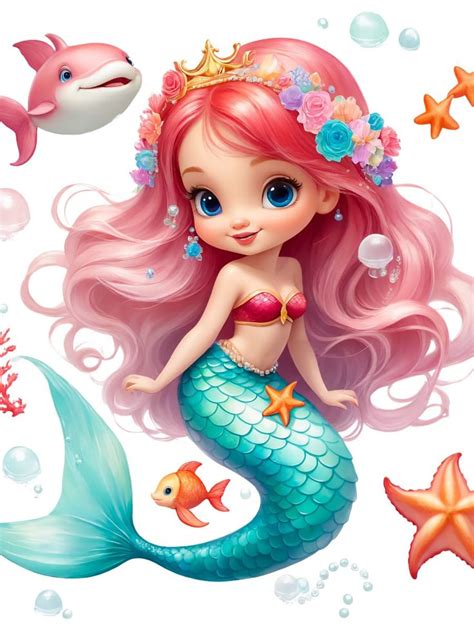 Cute Redhead Mermaid Watercolor Clipart PNG On Transparent Background