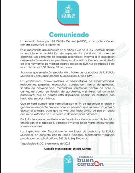 Comunicado de la Alcaldía Municipal del Distrito Central sobre