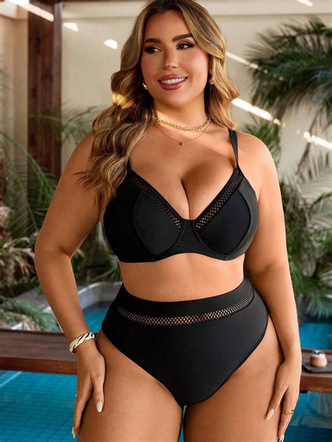 SHEIN Swim Lushore Plus Size Women 2 Piece Swimsuit Bikini Set With