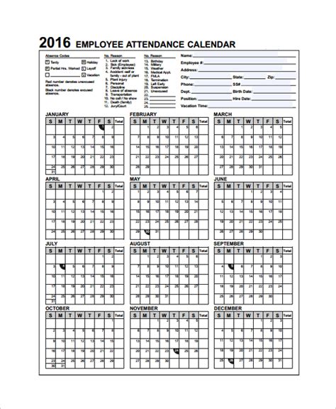 Printable 2025 Employee Attendance Calendar Hassan Rhea