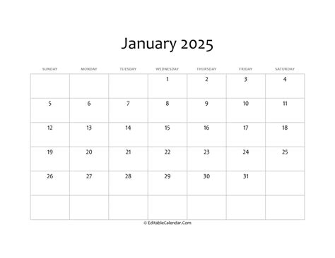 2025 Calendar January Template Editable Excel Kara Ramsey