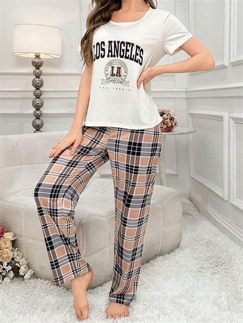 Graphic T Shirt Plaid Pants Casual Women Pajama Set For Sale