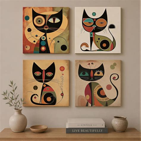 abstract cat wall art set mid century modern geometric prints xb