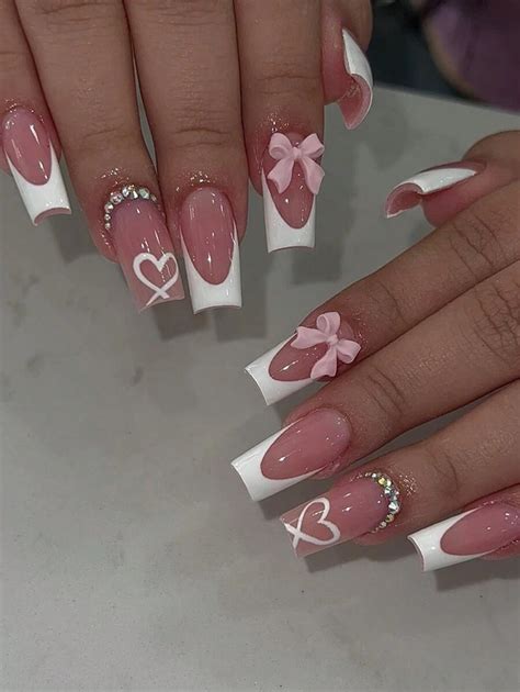 24pcs Medium Coffin Shape Press On Nails Pink Bowknot Heart Rhinestone