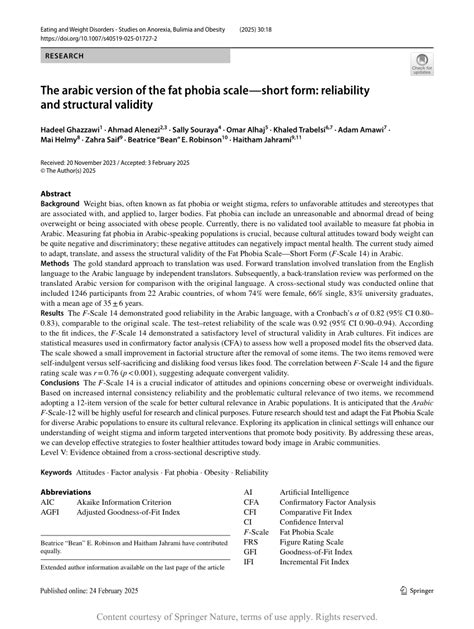 PDF The Arabic Version Of The Fat Phobia Scaleshort Form