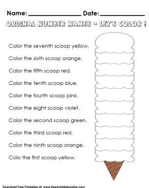 Lets Color The Ice Cream Ordinal Number Names Math Worksheet