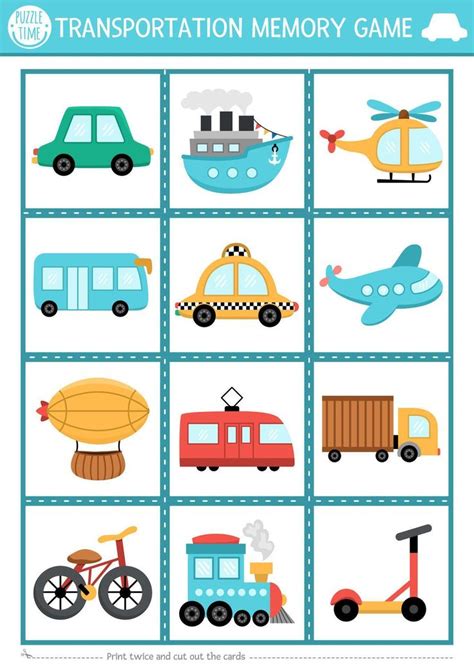 Transportation Memory Game Cards With Cute Traditional Symbols Water