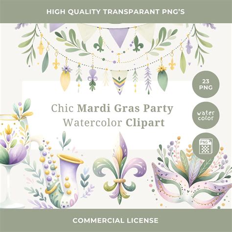 Chic Watercolor Mardi Gras Clipart Bundle Elegant Aquarelle Fleur De