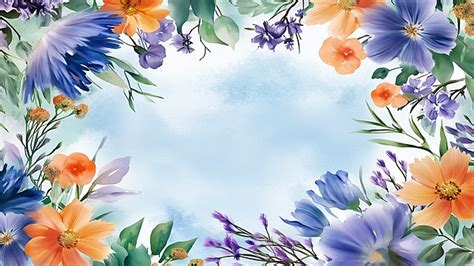 Flowers Blossom Leaves Spring Watercolor Blue Background Flowers