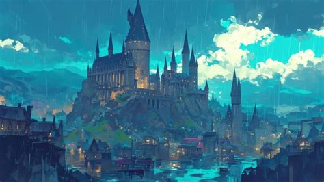 Rainy Day At Ghibli Styled Hogwarts Desktop Wallpaper Harry Potter