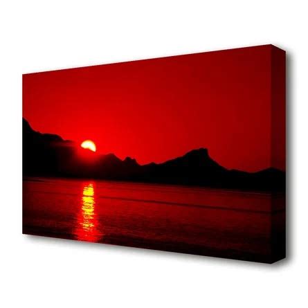 East Urban Home Vibrant Red Ocean Sunset Seascape Wrapped Canvas