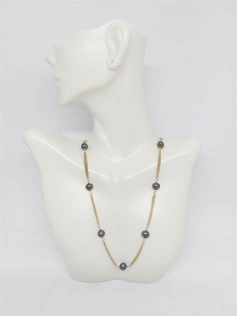 BLACK Freshwater 6 7mm Pearls 14k Yellow Gold Triple Chain Necklace