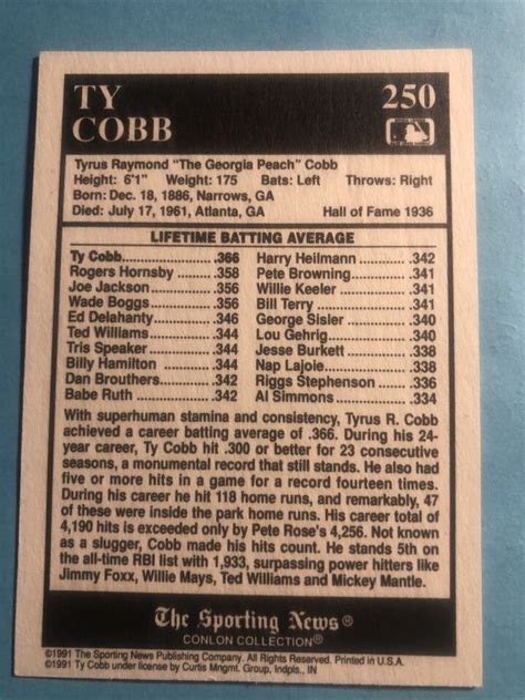 1991 The Sporting News Conlon Collection All Time Leader 250 Ty Cobb