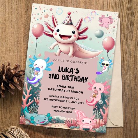 Axolotl Birthday Invitation Cute Pink Axolotl Editable Party Invite