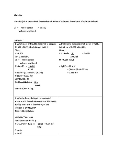 Molarity Analytical Chemistry Molarity Molarity M Is The Ratio Of