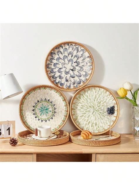 Round Rattan Tray With Mother Of Pearl Inlay Rattan Serving Tray With