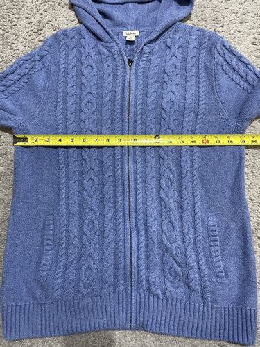 Ll Bean Blue Hooded Cardigan Cable Knit Full Zip Sweater Cotton Womens