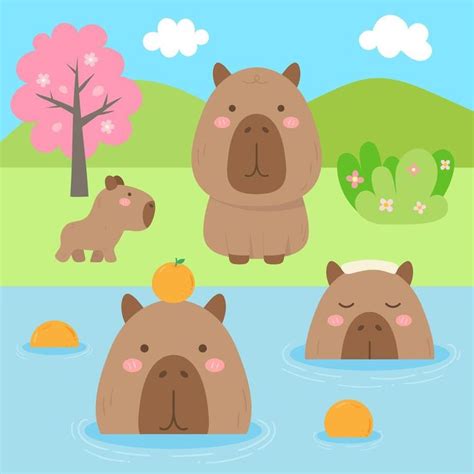 Cute Sweet Hand Drawn Capybara Chilling In The Hot Spring Illustration