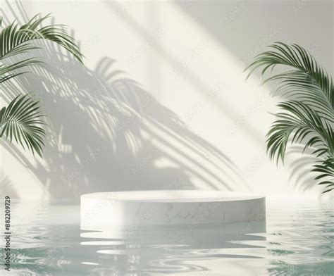 A Minimalistic Modern Podium With Water And Palm Leaves Against An