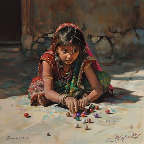 Indian Girl Playing Marbles Digital Art Poster Printable Art Home