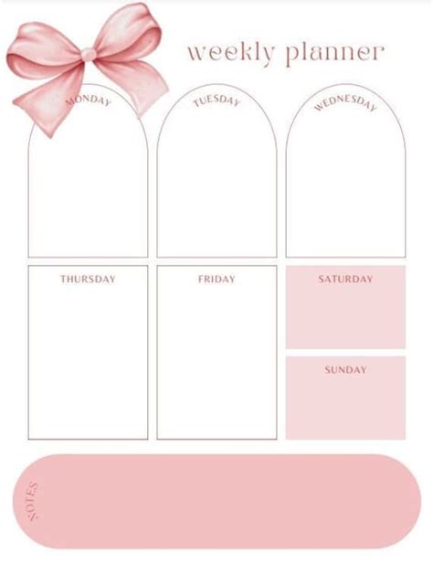 Weekly Calendar Printable Portrait Minimalist Pink Bow Design School