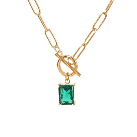 Tayolnfaso Gold Paperclip Toggle Necklace Natural Stone Emerald Cut