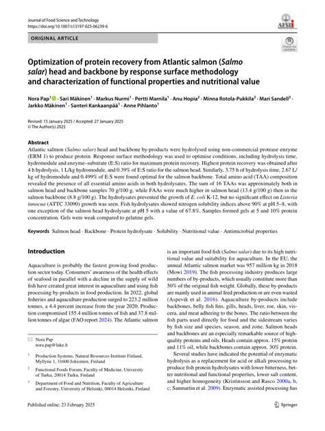 PDF Optimization Of Protein Recovery From Atlantic Salmon Salmo