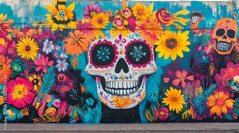 Ilustra O Vibrant Mural Depicting Dia De Los Muertos Themes With