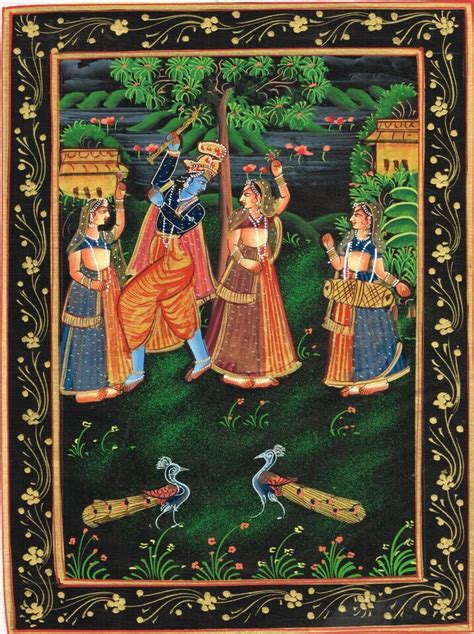 Indien Peinture Miniature De Radha Krishna Dansant Art À Soie Vêtements