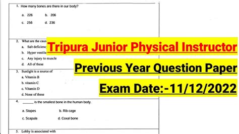 Tripura Junior Physical Instructor Previous Year Question Paper Exam